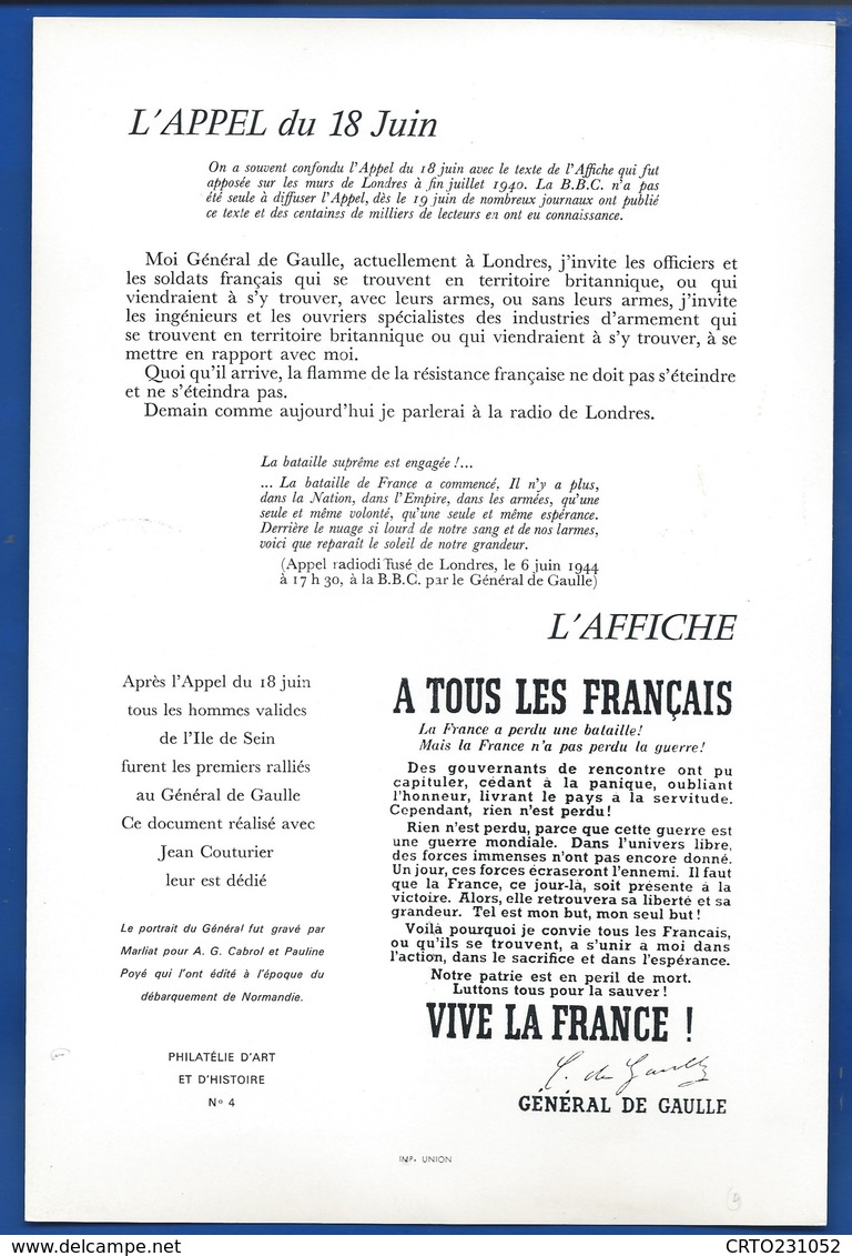 Encart Général De Gaulle  L'Appel Du 18 Juin 30 ° ANNIVERSAIRE   Oblitération: Ile De Sein 18 Juin 1970 - De Gaulle (Général)