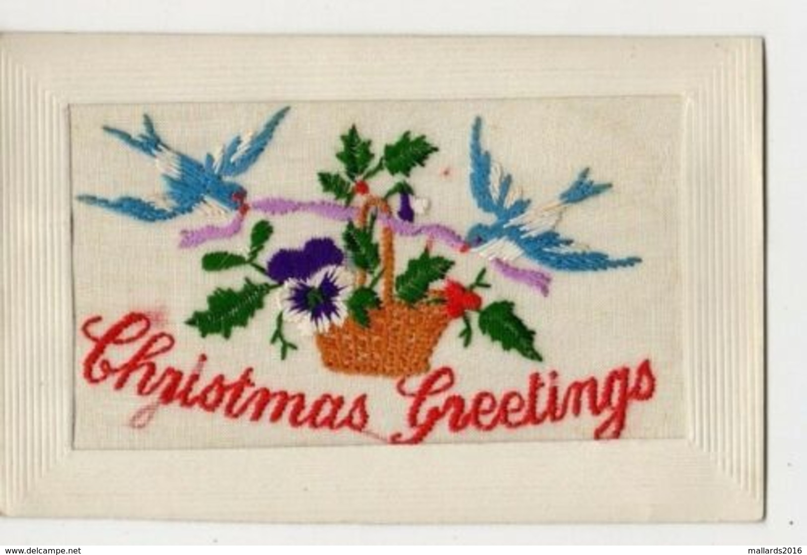 SILK EMBROIDERED CHRISTMAS GREETINGS 1916 VINTAGE POSTCARD #90758 - Bestickt