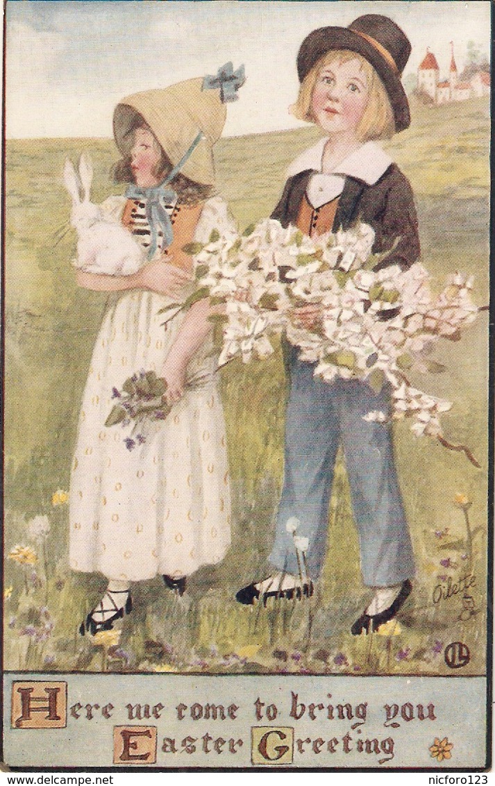 "Boy Ad Girl With Flowers And Rabbit"  Tuck Easter Greetings Series PC # 1022 - Tuck, Raphael