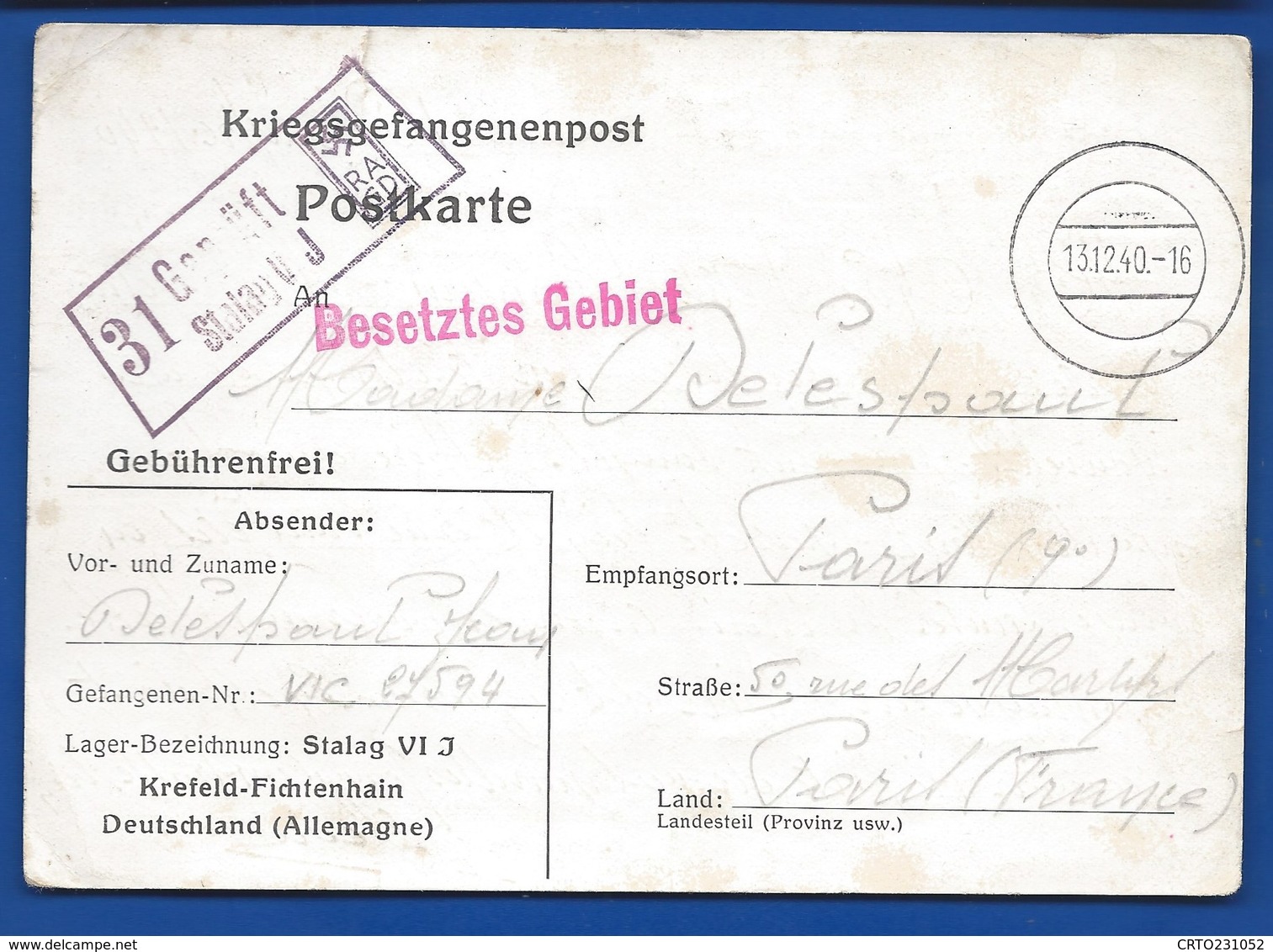 POSTKARTE Prisonnier De Guerre    Stalag WJ  Du 13-12-1940 - Documents