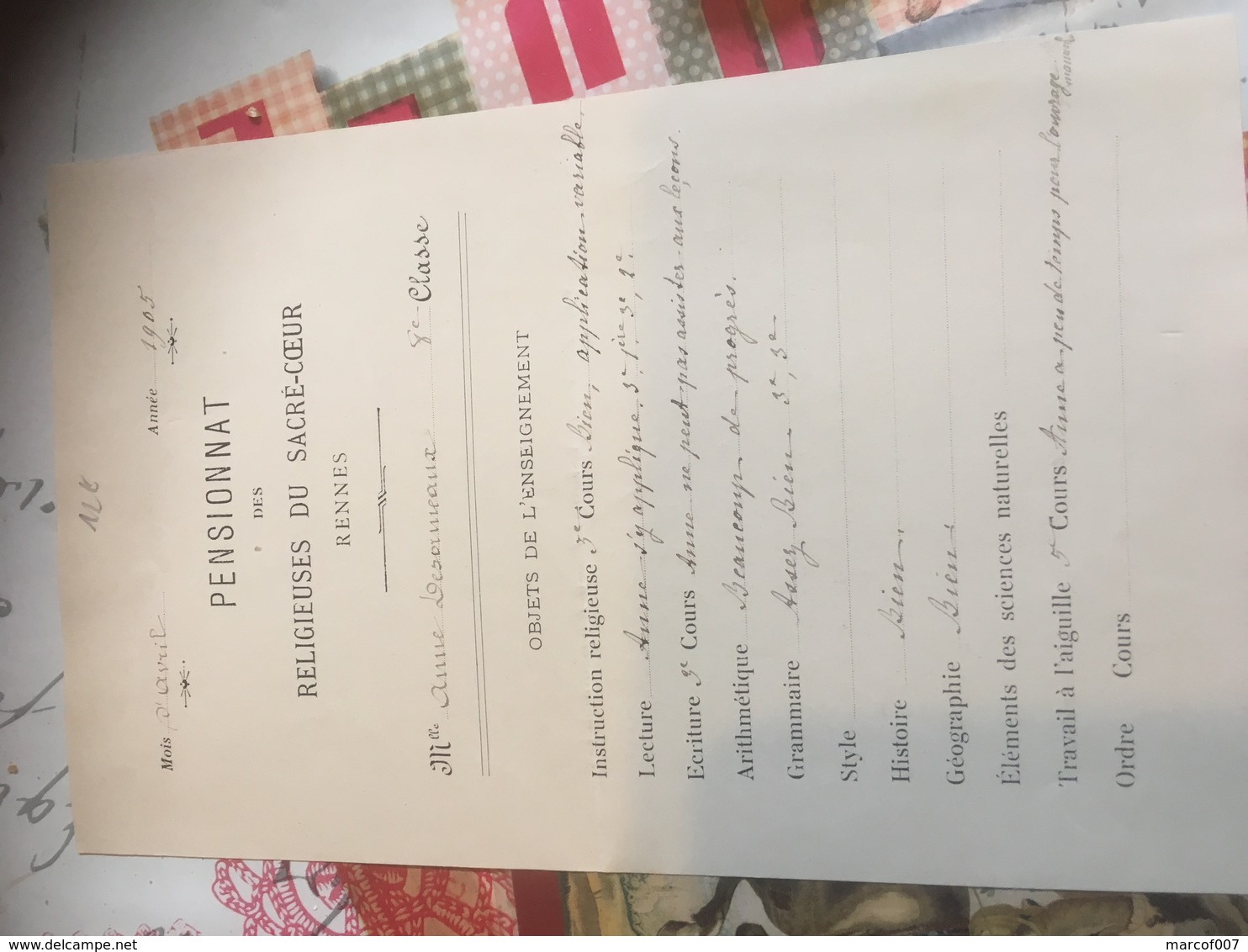 RENNES 1905 Bulletin Scolaire - Diploma's En Schoolrapporten