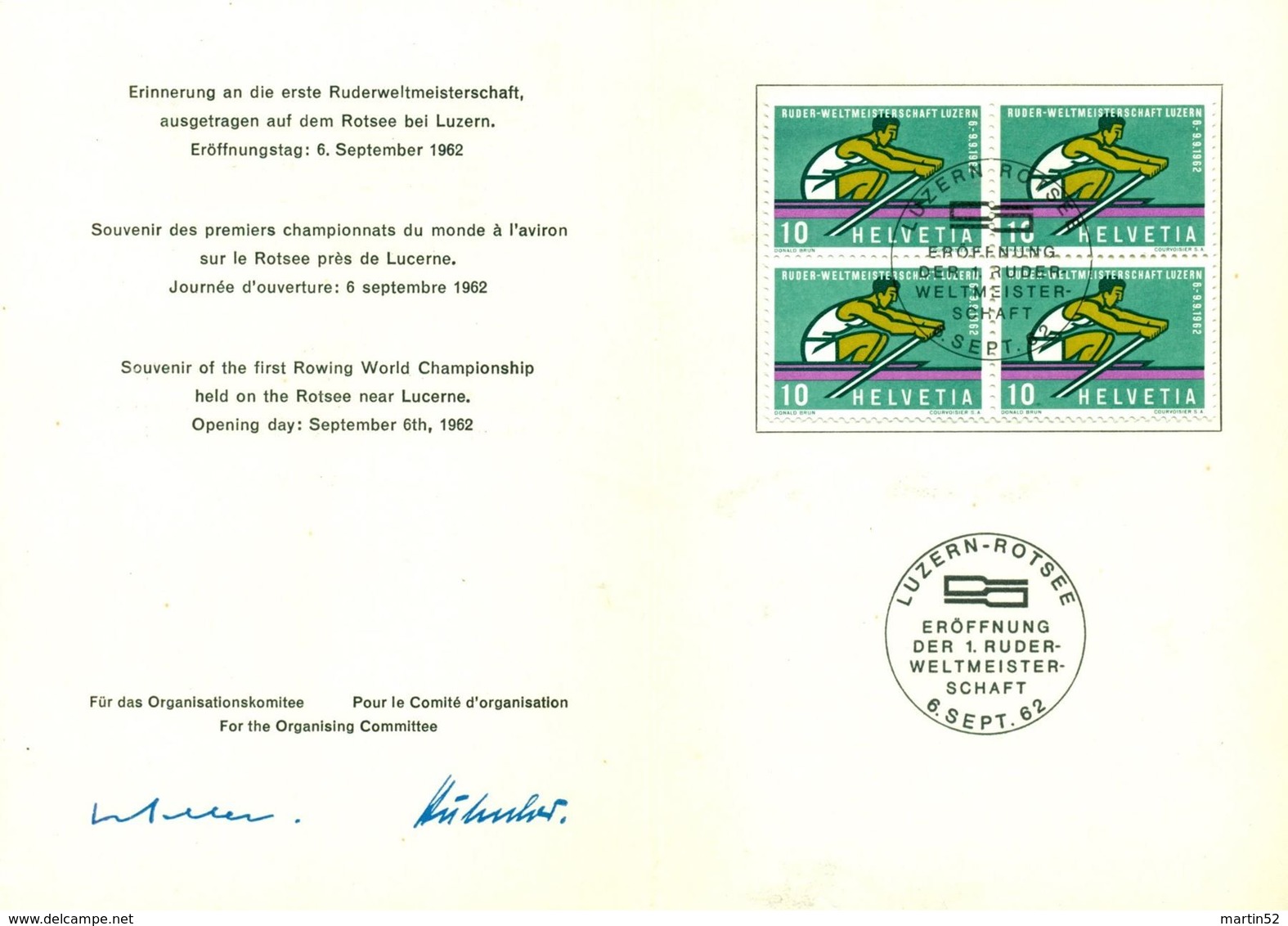 Schweiz Suisse 1962: : Zu 386.1.09 Mi 748 Yv 690 FISA-Ruder-WM Comité-Folder O LUZERN-ROTSEE 6.SEPT.62 Signé Signed - Aviron