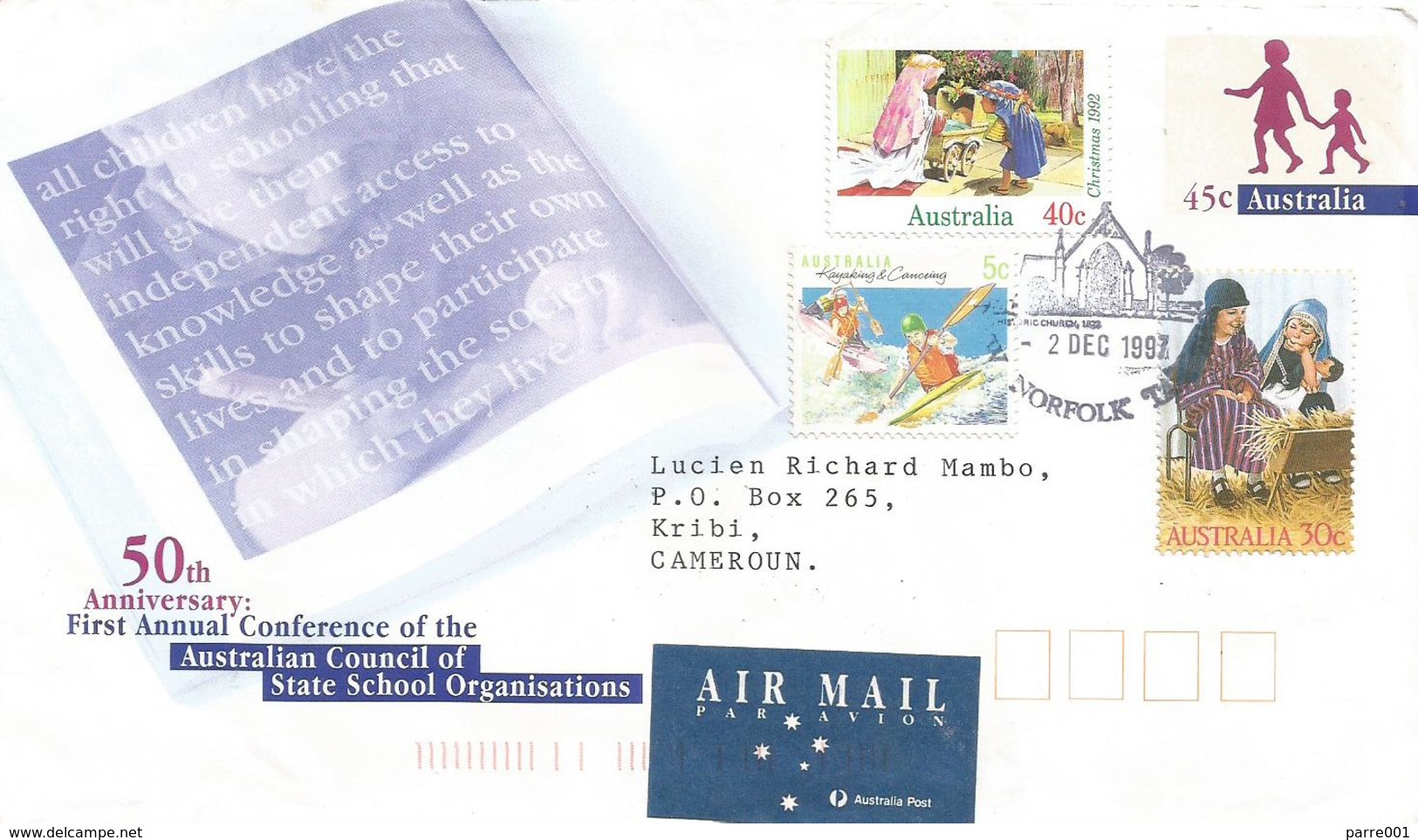 Australia 1997 Norfolk Kayak Canoe Christmas School Children Postal Stationary Cover To Cameroon - Postal Stationery