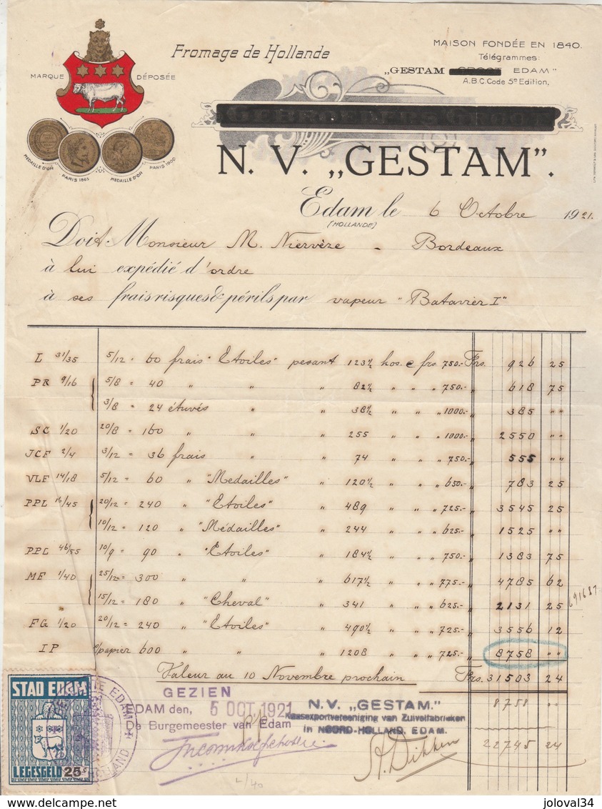 Pays Bas  Facture Illustrée 6/10/1921 N V GESTAM Fromage De Hollande EDAM - Timbre Fiscal Local - Holanda