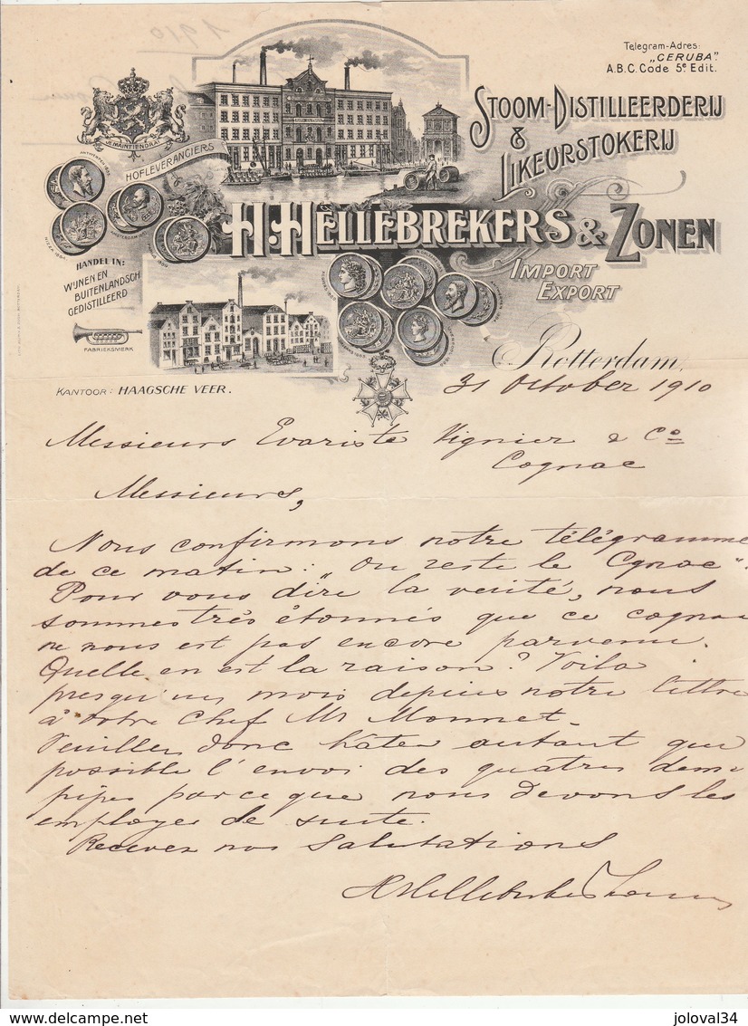 Pays Bas Facture Lettre Illustrée 31/10/1910 H HELLEBREKERS & ZONEN Distilleerderij ROTTERDAM - Distillerie - Pays-Bas