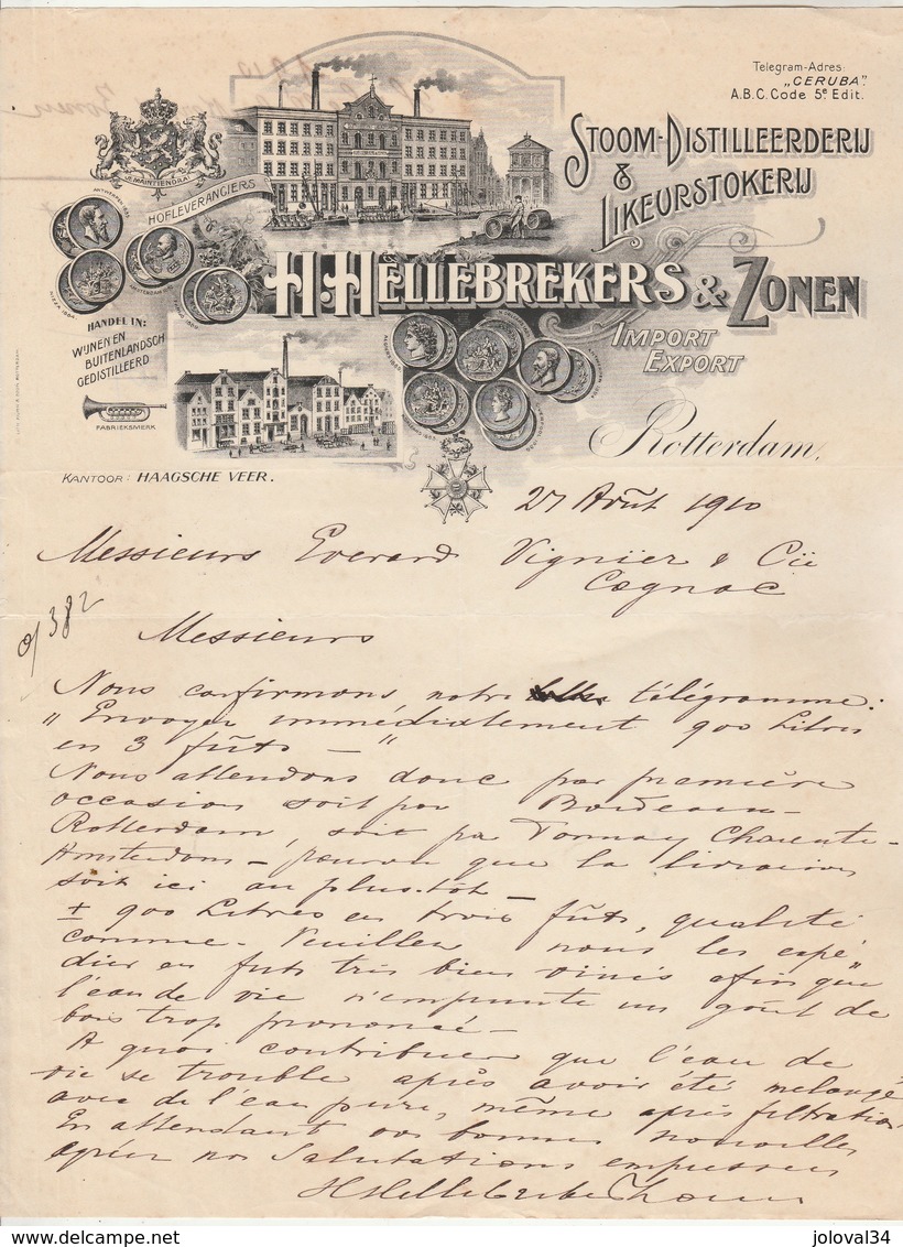 Pays Bas Facture Lettre Illustrée 27/8/1910 H HELLEBREKERS & ZONEN Distilleerderij ROTTERDAM - Distillerie - Pays-Bas