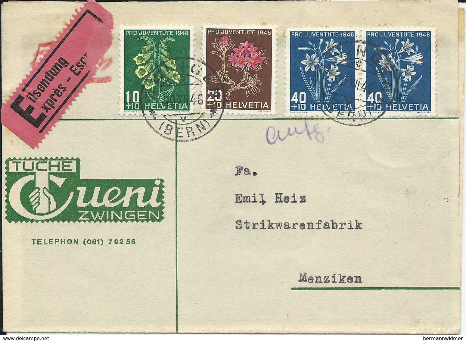 WI 126, 127, 128 (2x), Fleurs Des Alpes, Obl. Zwingen 20.XII.48, Carte Commande, Raison Sociale Tuche Cueni - Briefe U. Dokumente