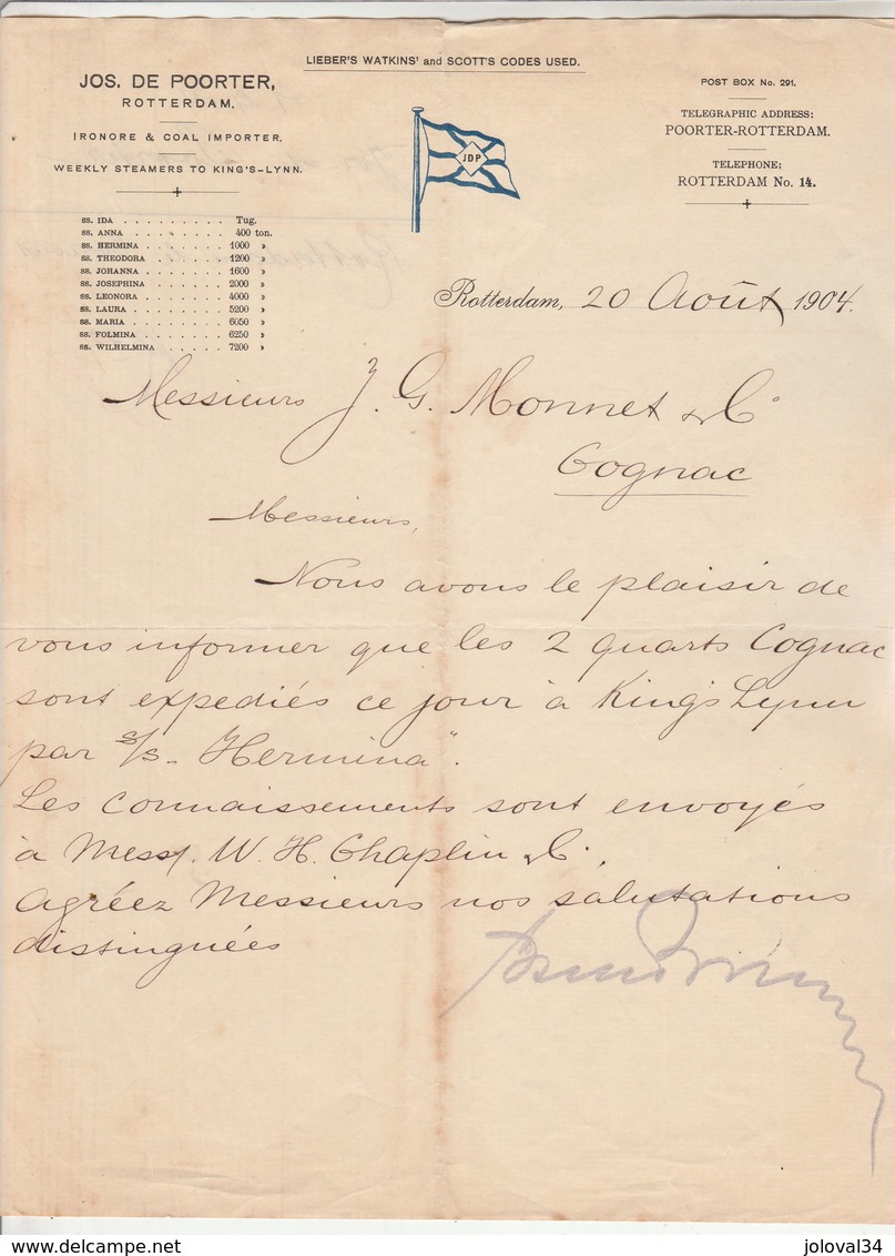 Pays Bas Facture Lettre Illustrée 20/8/1904 Jos De POORTER Ironore & Coal Importer - Cognac ROTTERDAM - Pays-Bas