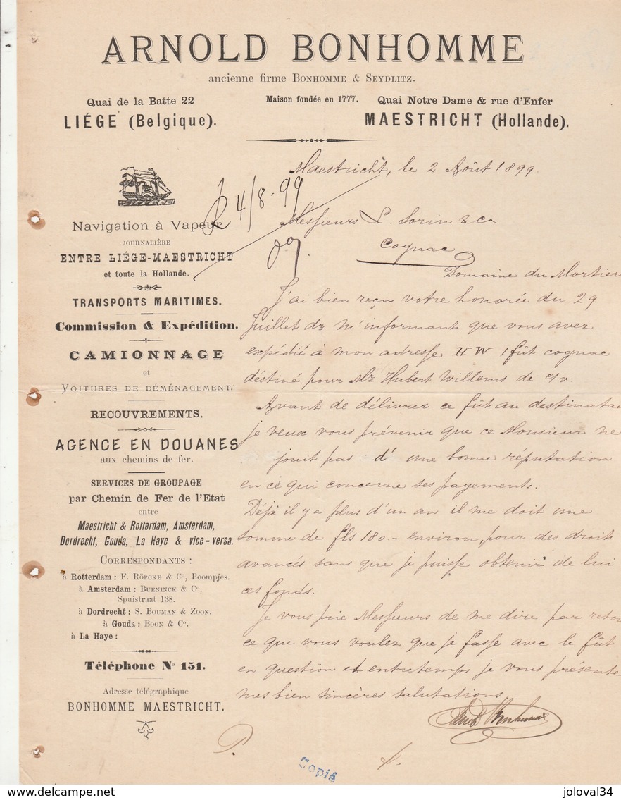 Pays Bas Facture Lettre 2/8/1899 Arnold BONHOMME Navigation à Vapeur Transports Maritimes MAESTRICHT  Liège Belgique - Pays-Bas