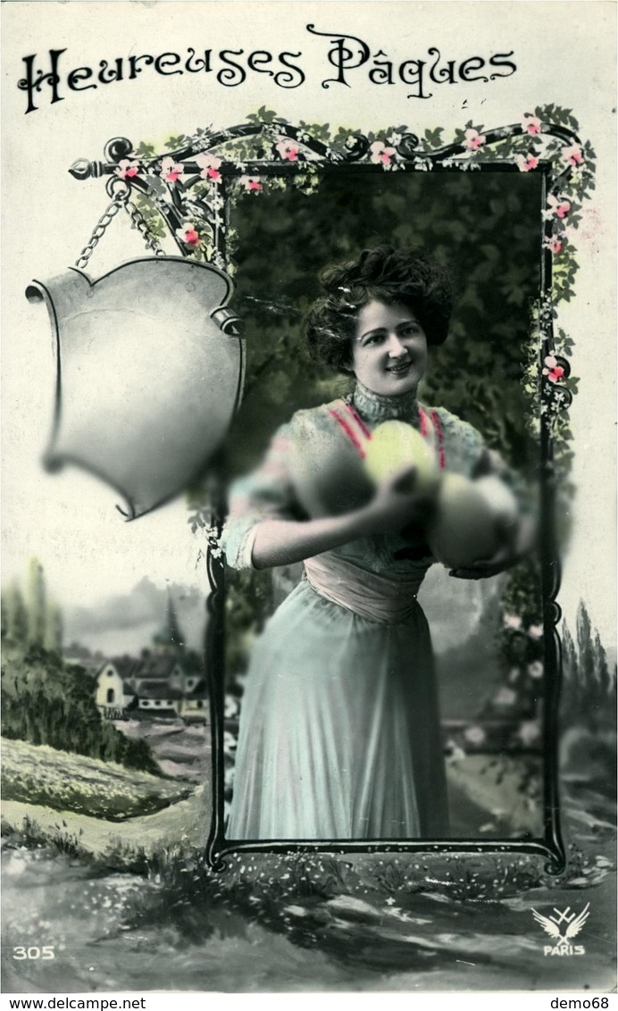 Fantaisie Vœux Pâques Jeune Femme  Et Ses œufs  Photo Paris 1910 - Ostern