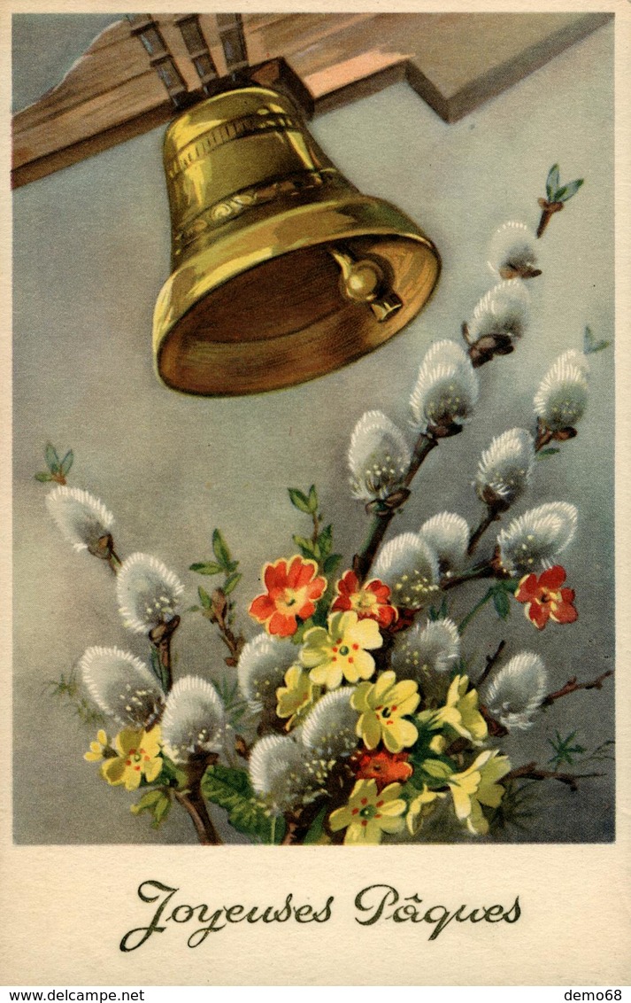 Fantaisie Vœux Pâques Cloche Et Chatons Bouquet Fleur - Ostern