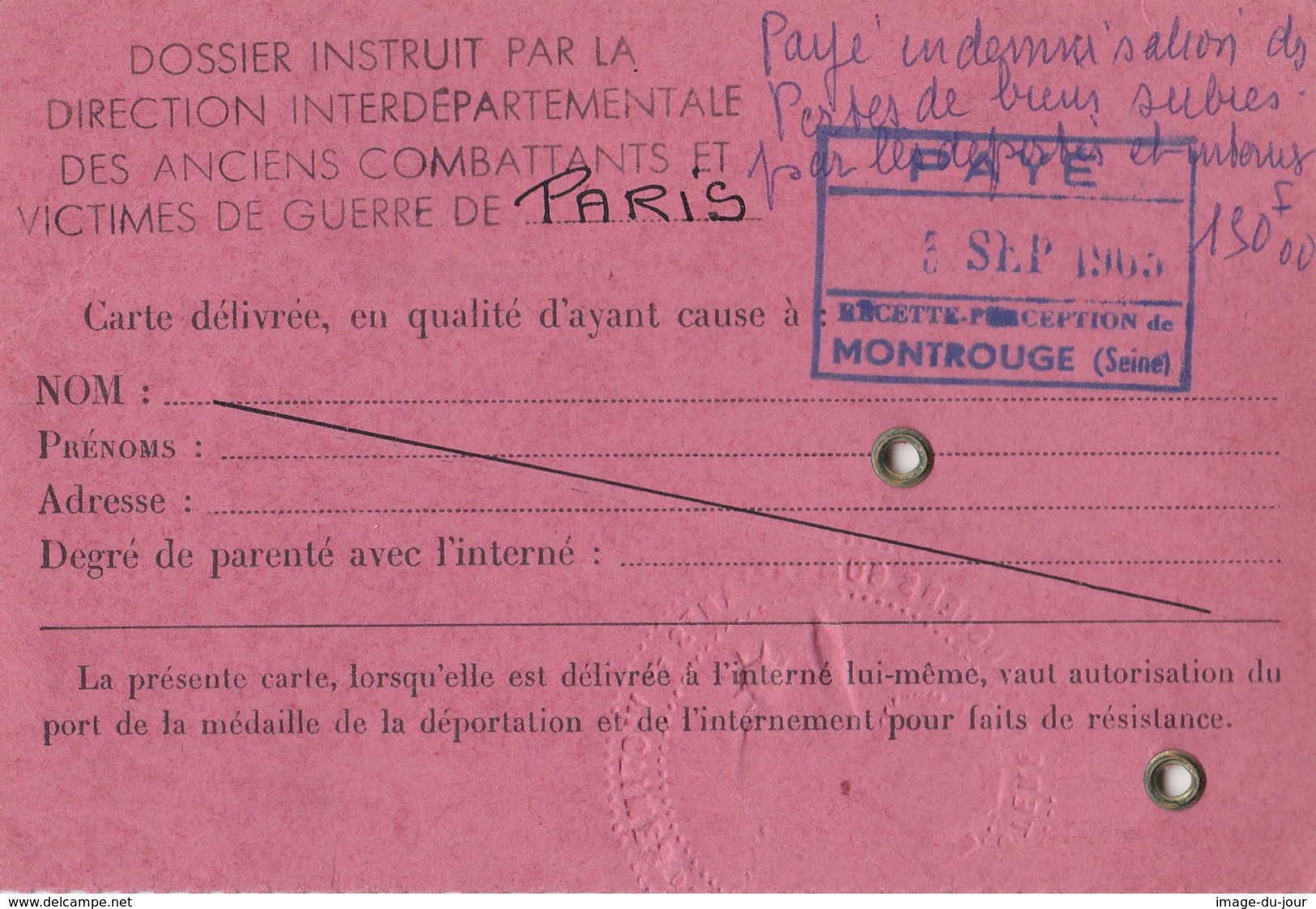 CARTE D'INTERNÉ  DÉPORTÉ RESISTANT + DE COMBATTANT FFI VOLONTAIRE DE LA RESISTANCE  PRIX FIXE - 1939-45