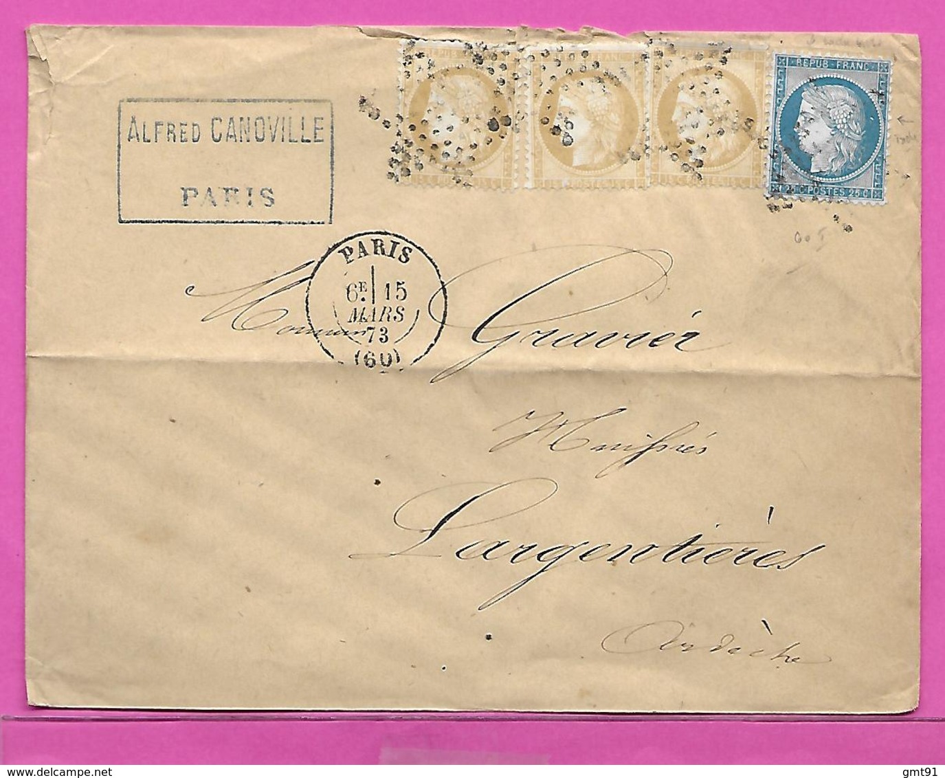 Enveloppe Timbres Ceres  15c X 3 + 20c Obliteration ETOILE Pleine PARIS ( 60 )     Pour Largentieres Ardeche 1873 - 1849-1876: Classic Period