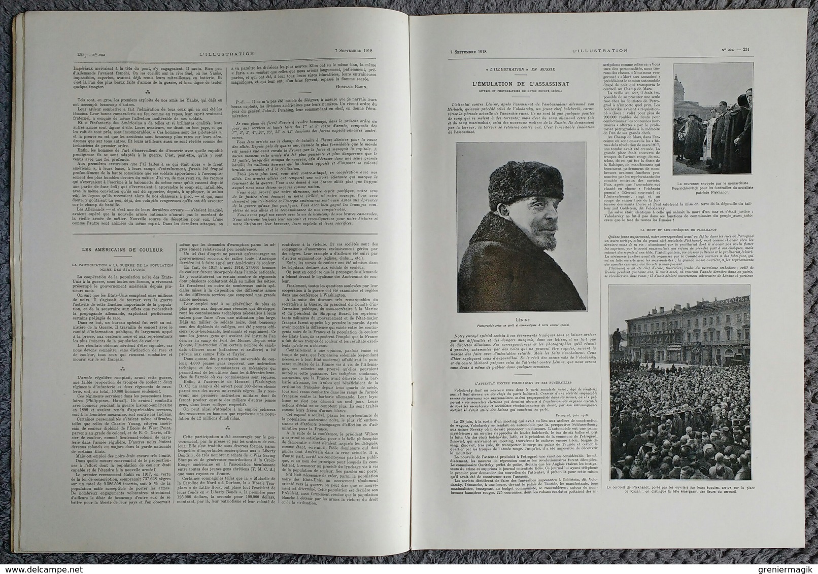 L'Illustration 3940 7 septembre 1918 1er courrier postal aérien Sahara/Russie attentat contre Lénine/Quentin Roosvelt