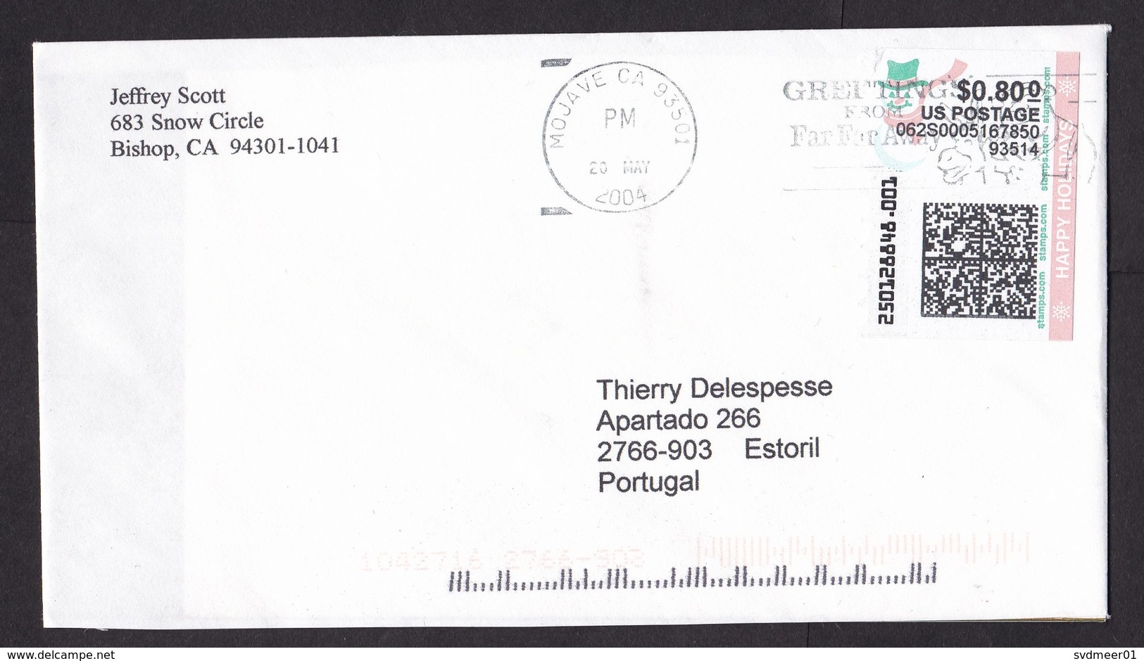USA: Cover To Portugal, 2004, ATM Machine Label, Stamps.com, $0.80 Rate, Snowman, Happy Holidays (traces Of Use) - Brieven En Documenten