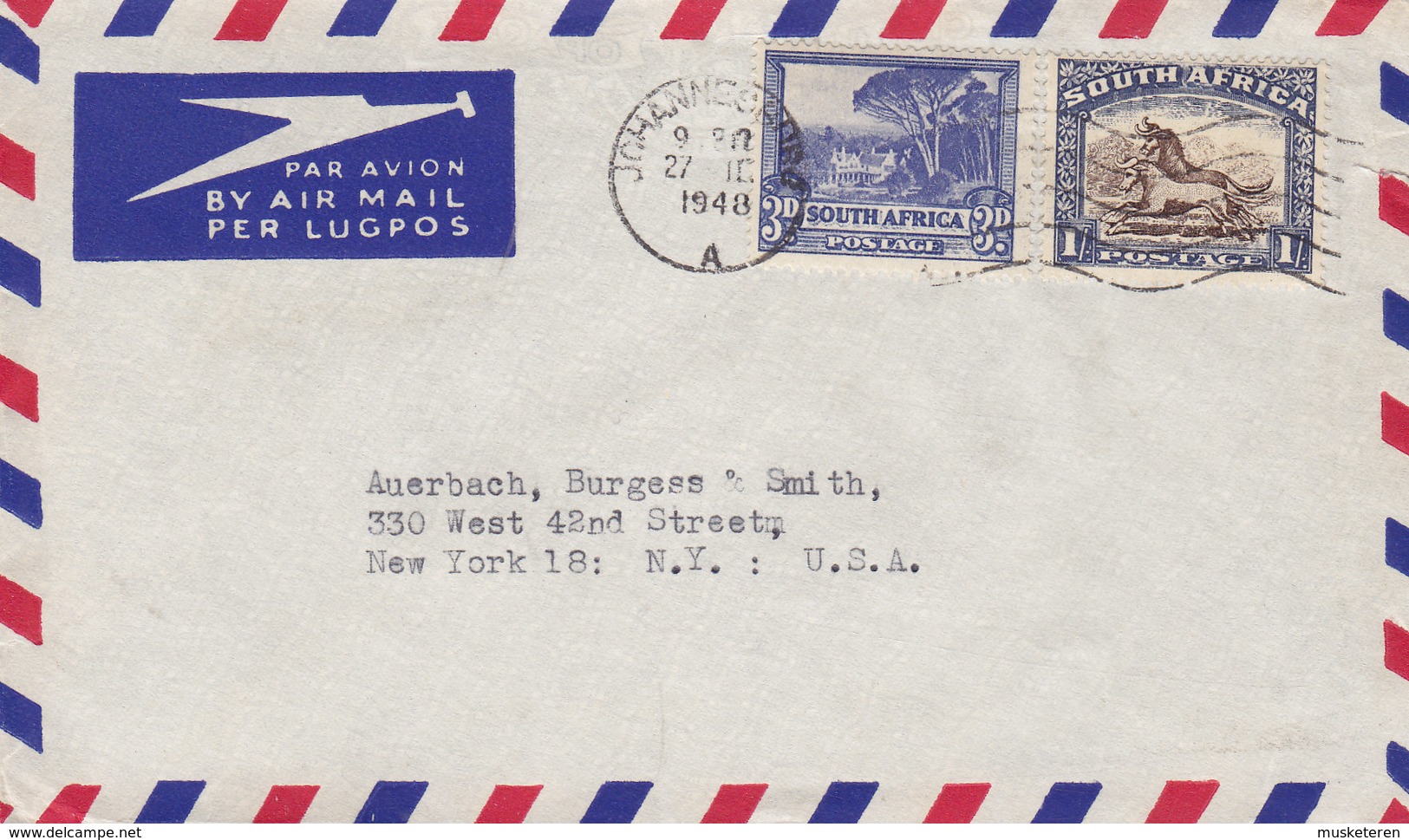 South Africa Par Avion Air Mail Per Lugpos H. R. HENDY, JOHANNESBURG 1948 Cover Brief NEW YORK USA 3d. & 1/- Sh. - Luchtpost