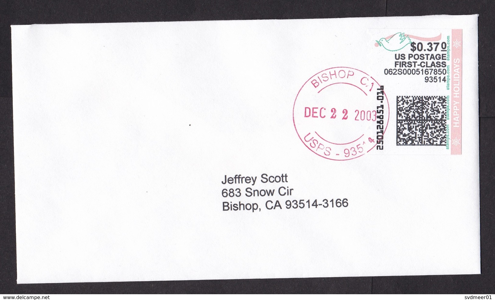 USA: Cover, 2003, ATM Machine Label, Stamps.com, $0.37 Rate, Peace Pigeon, Happy Holidays, Cancel Bishop (traces Of Use) - Brieven En Documenten