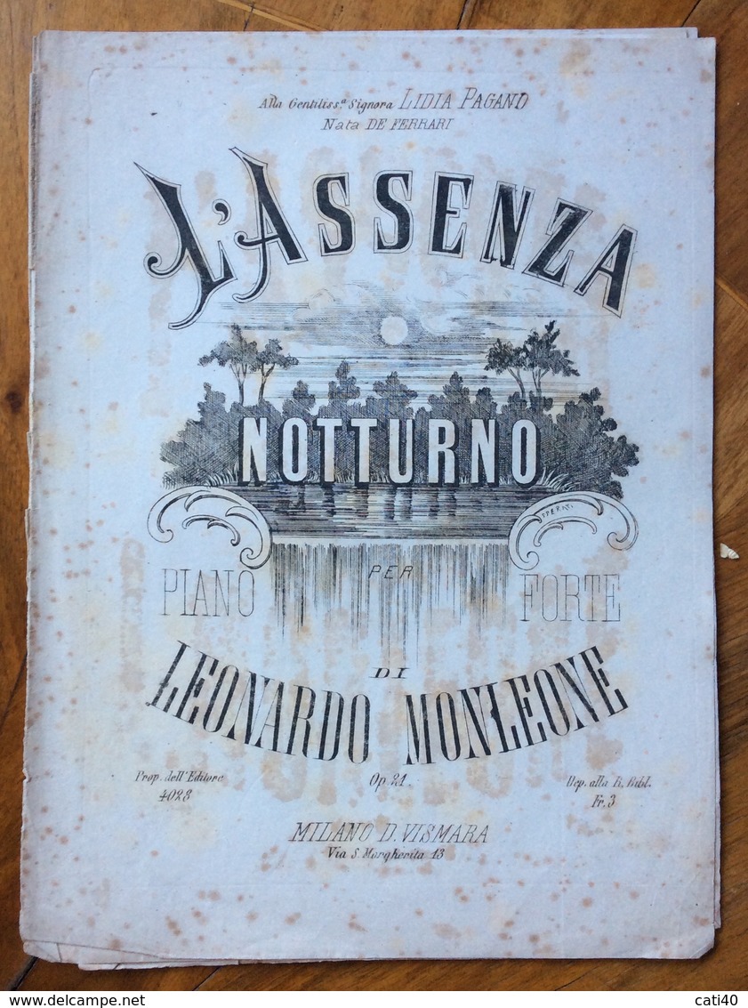 SPARTITO MUSICALE VINTAGE L'ASSENZA PER PIANOFORTE DI LEONARDO MONLEONE  MILANO D.VISMARA  EDITORE - Folk Music