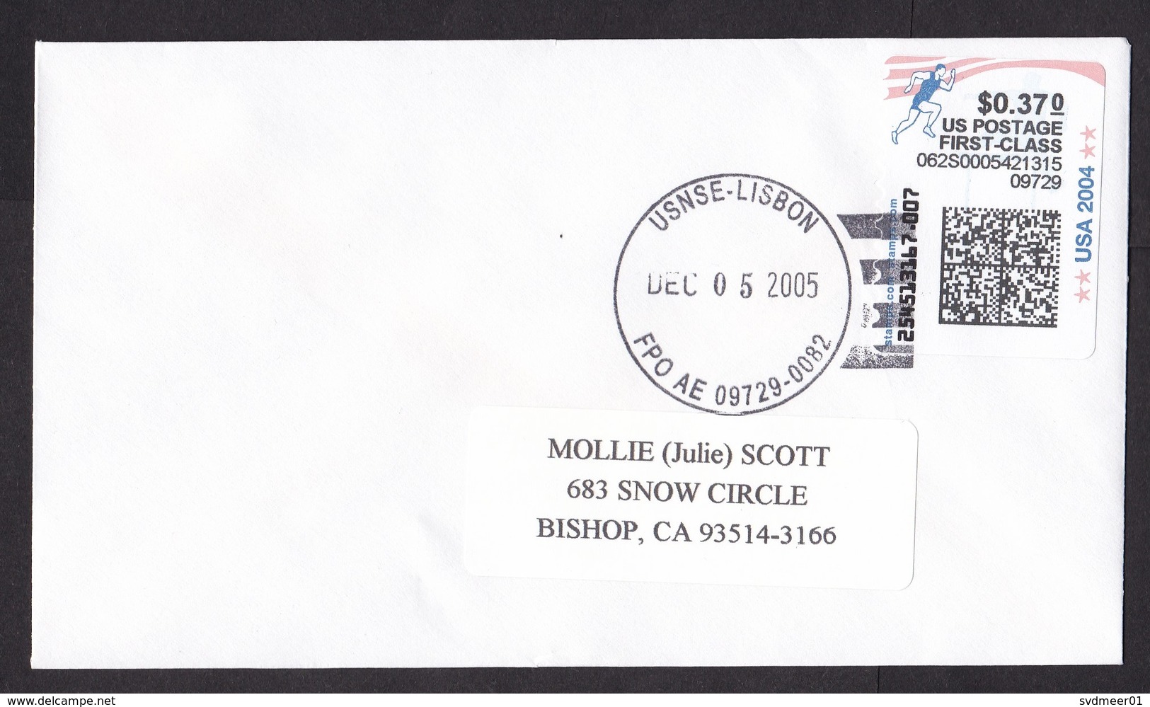 USA: Cover, 2005, ATM Machine Label, Stamps.com, $0.37 Rate, Running, Sports, Cancel FPO USNSE Lisbon (traces Of Use) - Storia Postale