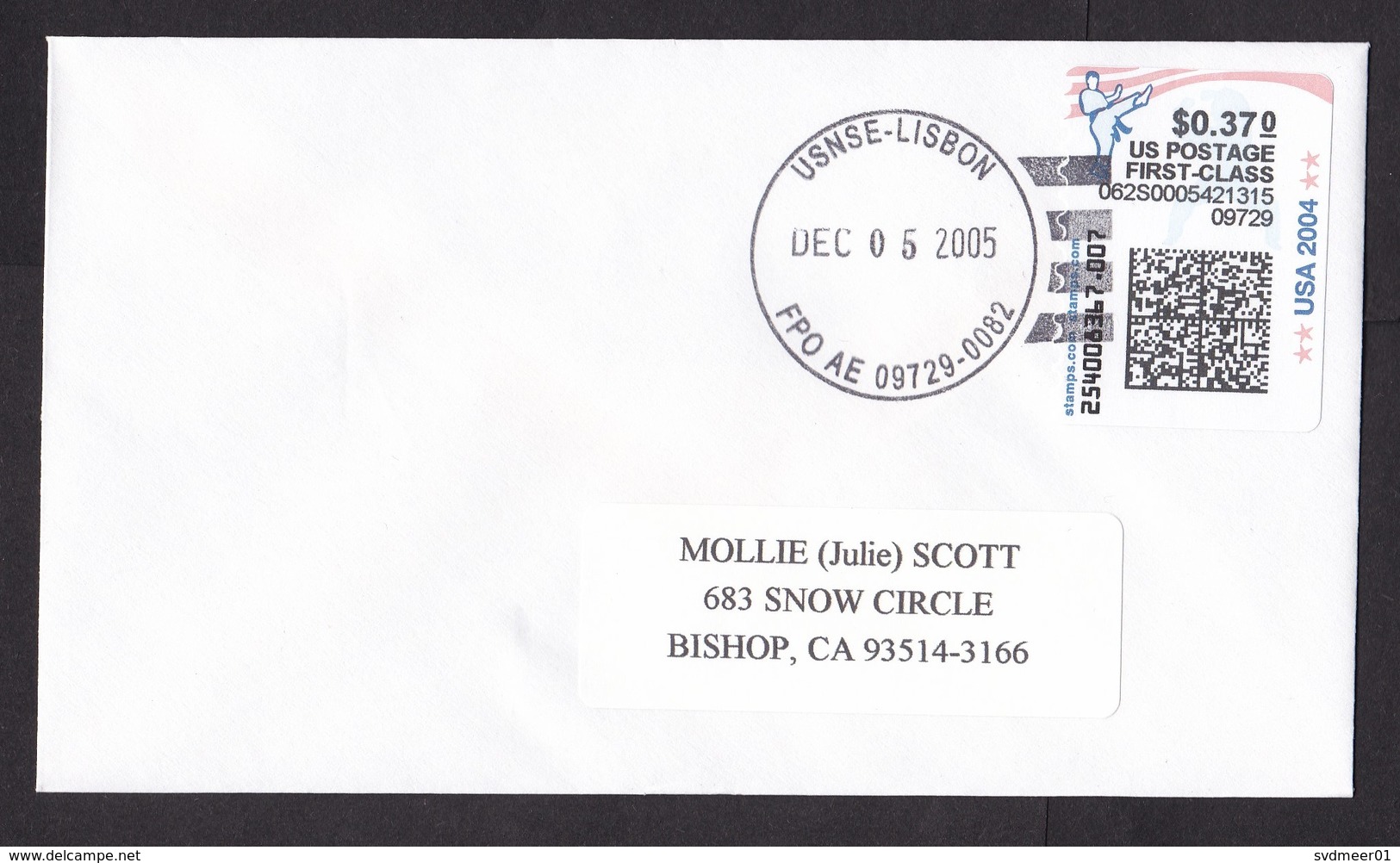 USA: Cover, 2005, ATM Machine Label, Stamps.com, $0.37 Rate, Karate, Sports, Cancel FPO USNSE Lisbon (traces Of Use) - Brieven En Documenten