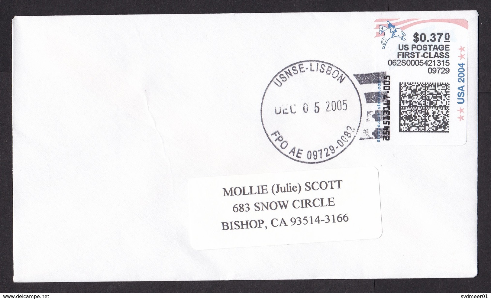 USA: Cover, 2005, ATM Machine Label, Stamps.com, $0.37 Rate, Horse Ride, Sports, Cancel FPO USNSE Lisbon (minor Crease) - Brieven En Documenten