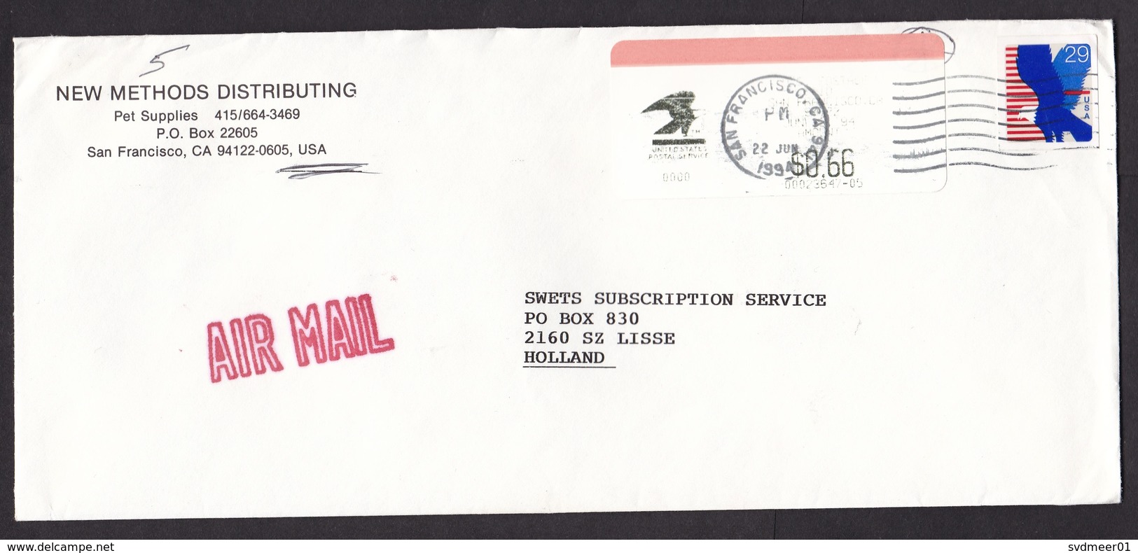 USA: Airmail Cover To Netherlands, 1994, Imperforated Stamp & ATM Machine Label, Eagle (label Vague Printing, Crease) - Brieven En Documenten