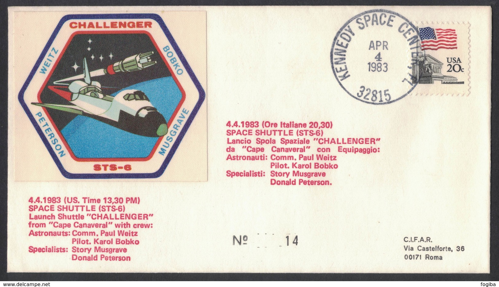 YN171  Commemorative Envelope USA 1983 ( Kennedy Space Center ) - (STS-6) Challenger Space Shuttle Launch - Verenigde Staten