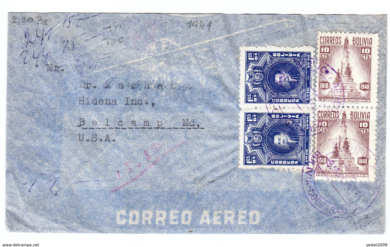 Bolivia AIRMAIL COVER TO Belcamp USA WWII 1941 - Bolivia