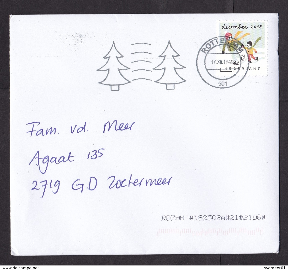 Netherlands: Cover, 2018, 1 Stamp, Ice Skating, Adult Teaching Child, Sports, Cancel Christmas Tree (traces Of Use) - Covers & Documents