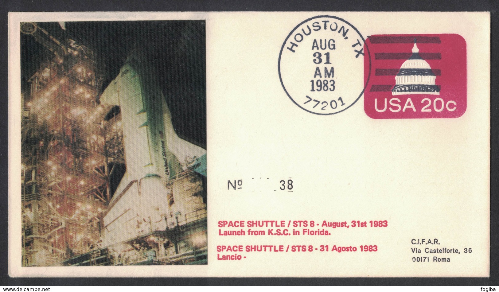 YN175  Commemorative Envelope USA 1983 ( Houston ) - (STS-8) Launch Challenger Space Shuttle - Stati Uniti