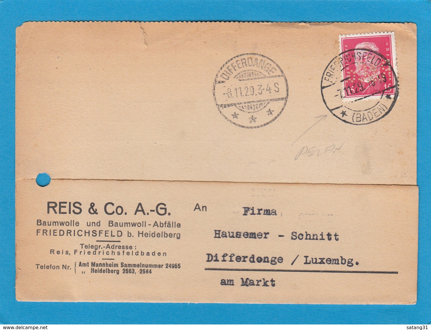 PERFIN/PERFORATION/FIRMENLOCHUNG. REIS & CO. A.G. FRIEDRICHSFELD. - Lettres & Documents