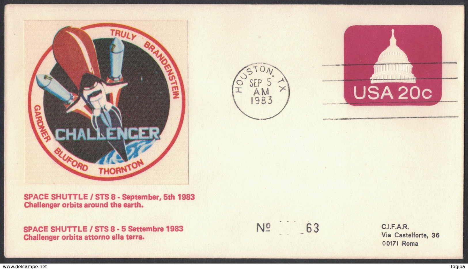 YN176  Commemorative Envelope USA 1983 ( Houston ) - (STS-8) Challenger Space Shuttle In Orbit Around The Earth - Stati Uniti