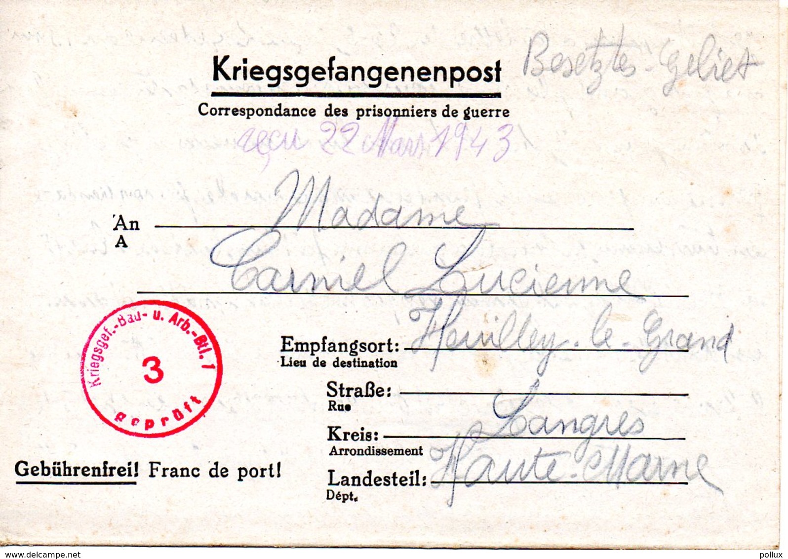 Kriegsgefangenenpost Prisonnier 1942 Stalag Kr-Gef Bau U Arb Batl 1 HAMBURG 6 +censure - Documents