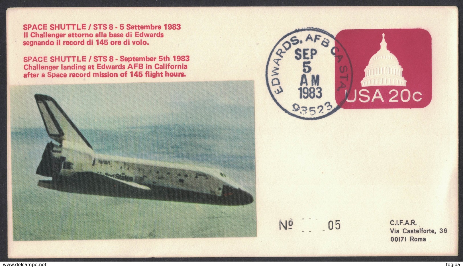 YN177  Commemorative Envelope USA 1983 ( Edwards ) - (STS-8) Landing Edwards Based Challenger Space Shuttle - United States