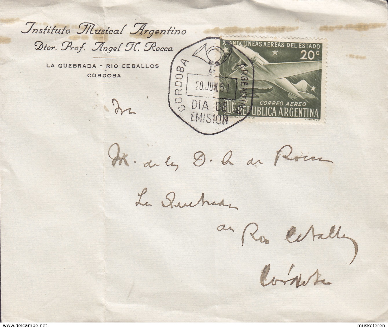 Argentina INSTITUTO MUSICAL ARGENTINO, CORDOBA Cachet Dia De Emisision FDC Cover 1951 Airline Douglas DC 3 Aeroplane - FDC