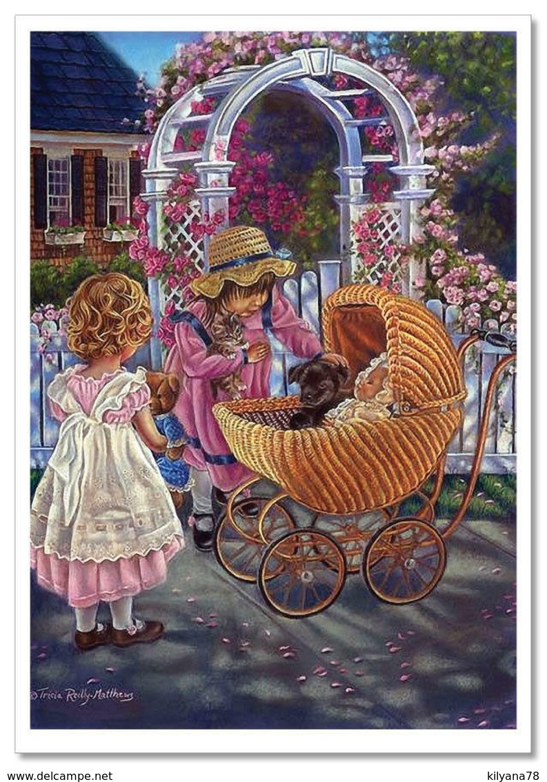 Pretty Girls Baby Stroller Doll Puppy Tricia Reilly-Matthews Modern Postcard - Sonstige & Ohne Zuordnung