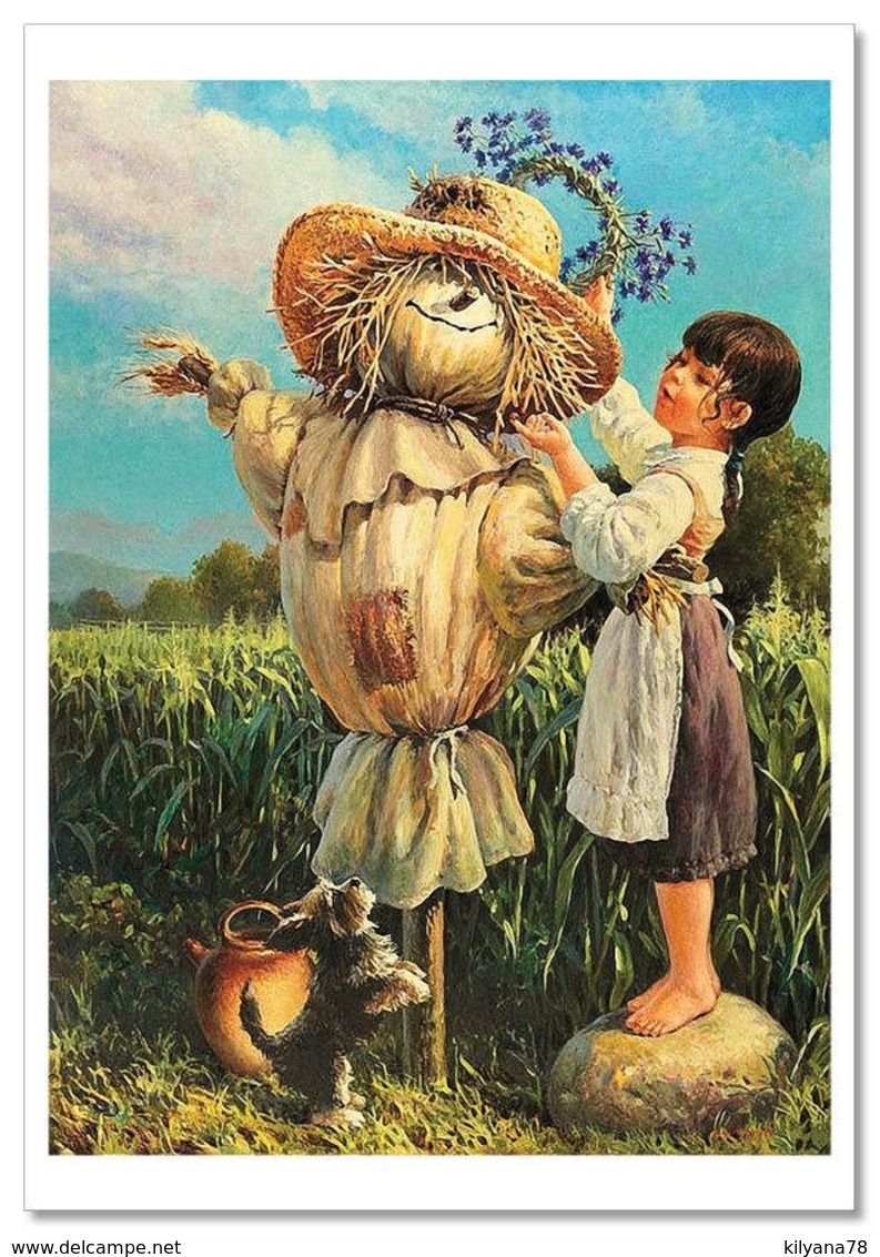 KIDS ART ~ LITTLE GIRL Dog PUPPY Scarecrow Field By Leonovich Modern Postcard - Altri & Non Classificati