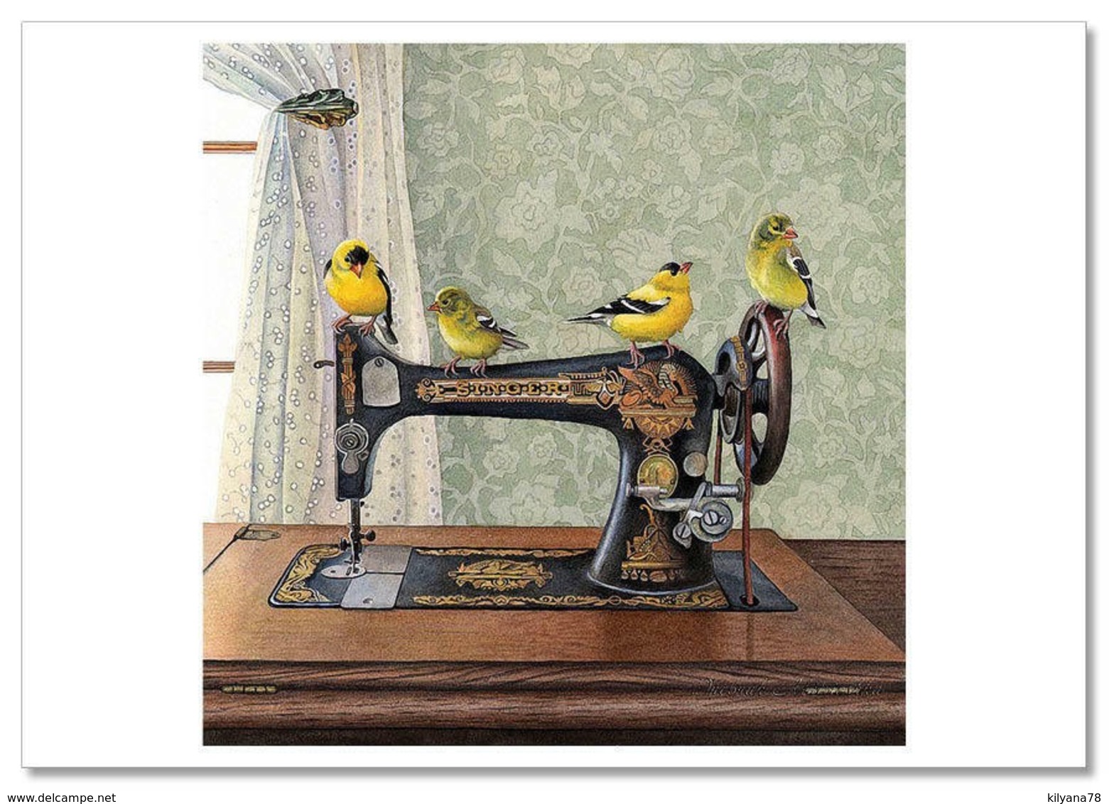 SEW ART~ OLD SEWING Machine BIRDS Curtains Window Needle Modern Postcard - Artigianato