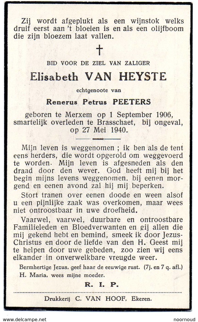 Antwerpen Brasschaat Merxem  Elisabeth Van Heyste    Mijnontploffing Bredabaan  Oorlogsslachtoffer WOII  Verhaal Zie Sca - Images Religieuses