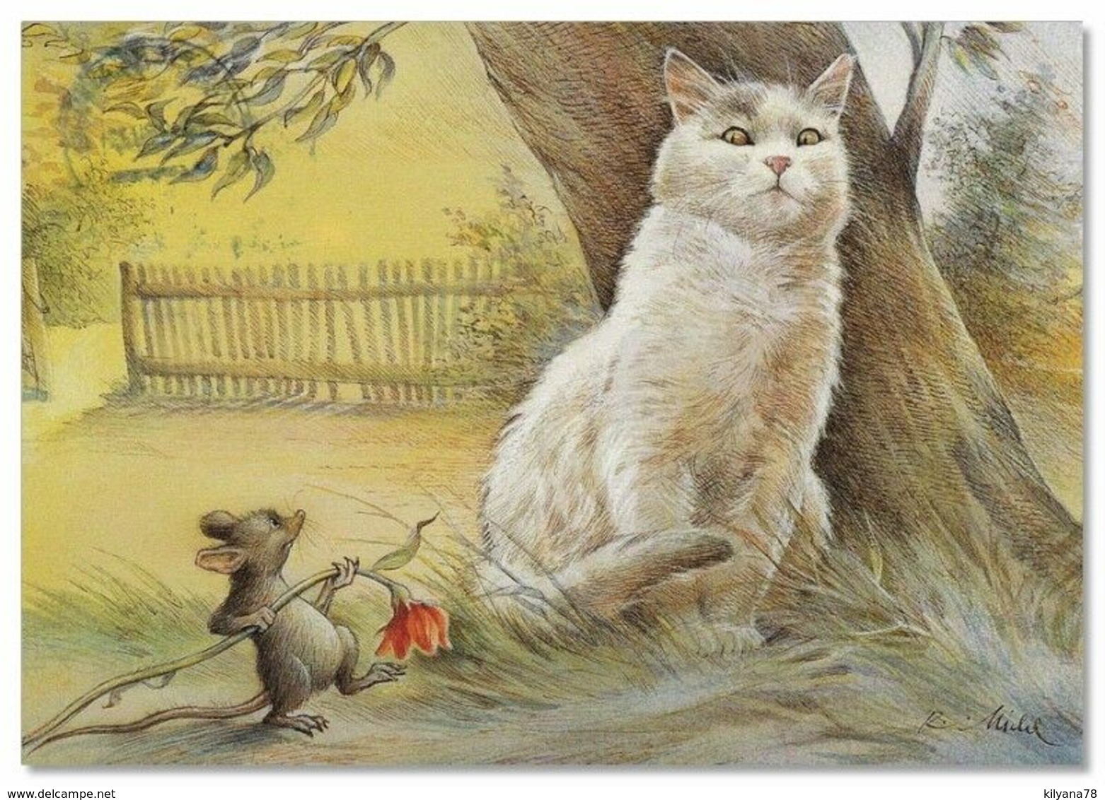 Scared Cat And Brave Mouse Comic Humor Garden New Modern Russian Postcard - Other & Unclassified
