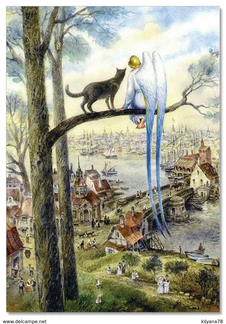 CAT & ANGEL On Tree City St. Petersburg Fantasy ART Russian Modern Postcard - Autres & Non Classés