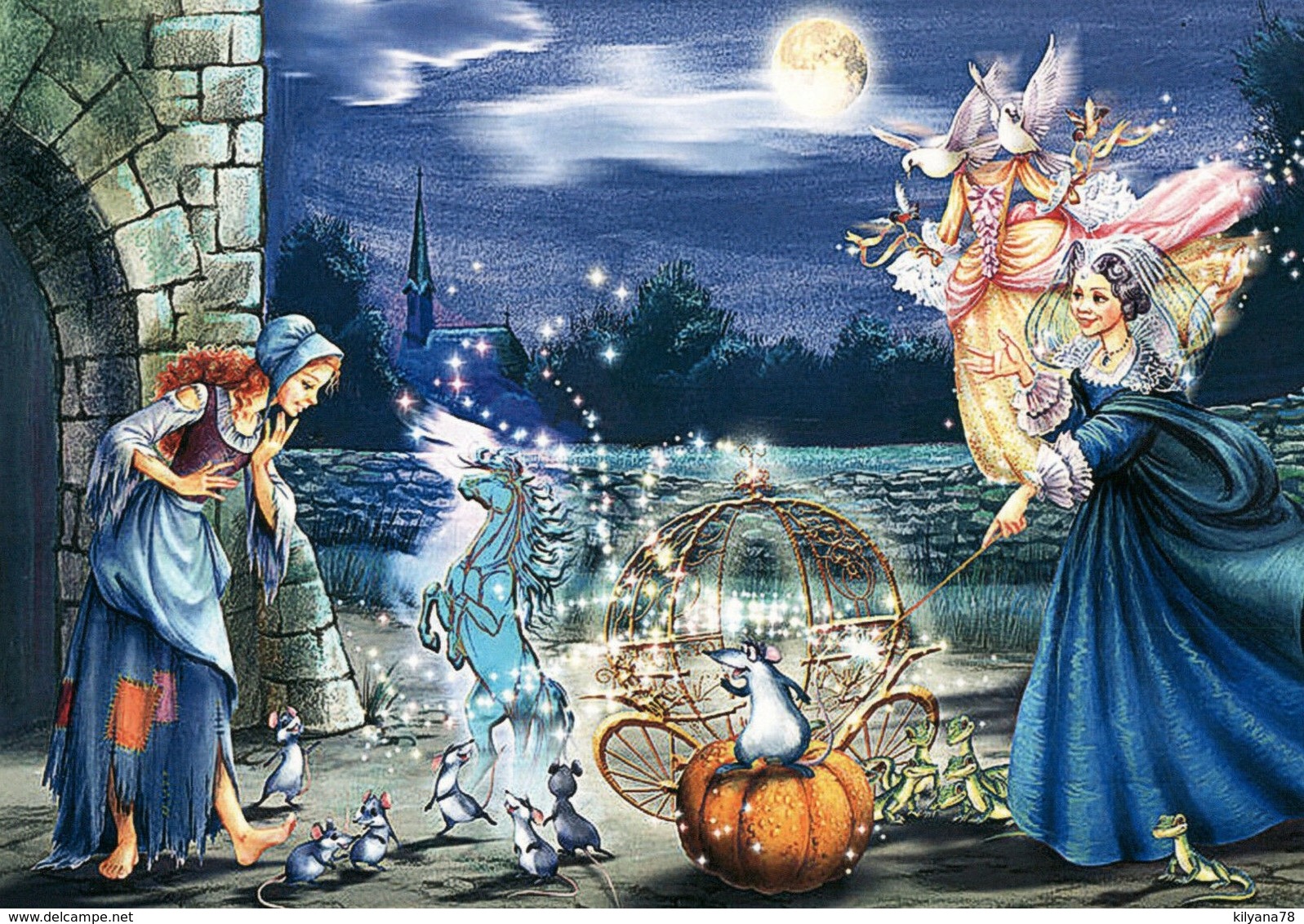 CINDERELLA And Kind Fairy Pumpkin By Zorina Baldescu Russian Modern Postcard - Autres & Non Classés