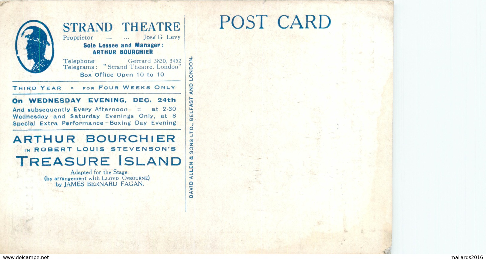 STRAND THEATRE LONDON - "TREASURE ISLAND" WITH ARTHUR BOURCHIER ADVERTISING CARD #7521 - Publicité