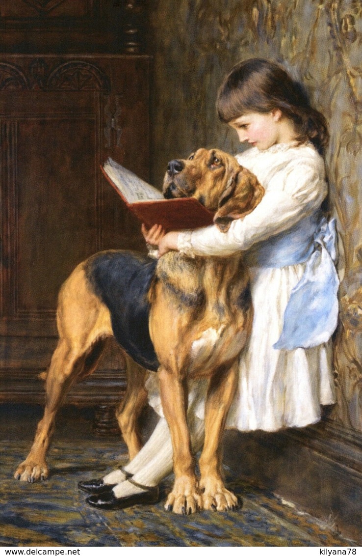 Little Girl Read Book Dog "Education" By Briton Riviere Russian Modern Postcard - Altri & Non Classificati