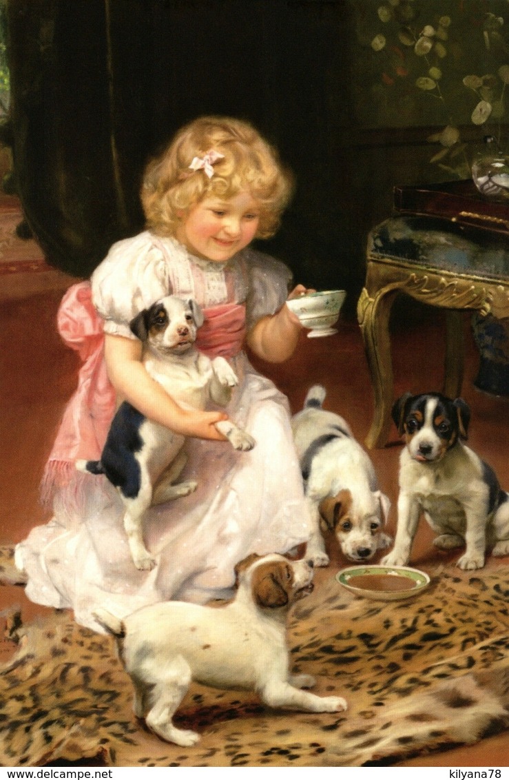 "Too Hot" Little Girl & Puppy Dog Tea Party By Elsley Russian Modern Postcard - Altri & Non Classificati