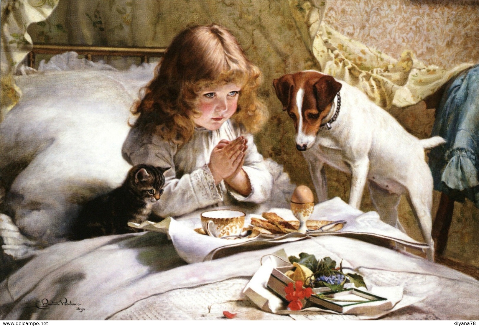 Little Girl Praying Before Breakfast Dog Cat By Barber Russian Modern Postcard - Andere & Zonder Classificatie