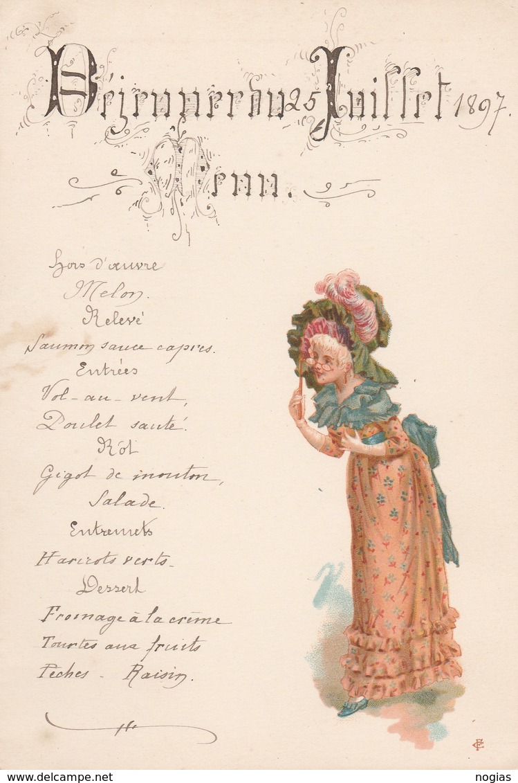 BELLE PRESENTATION D'UN MENU - DEJEUNER DU 25 JUILLET 1897 - PERSONNAGE A DROITE, COLORISE - - Menus