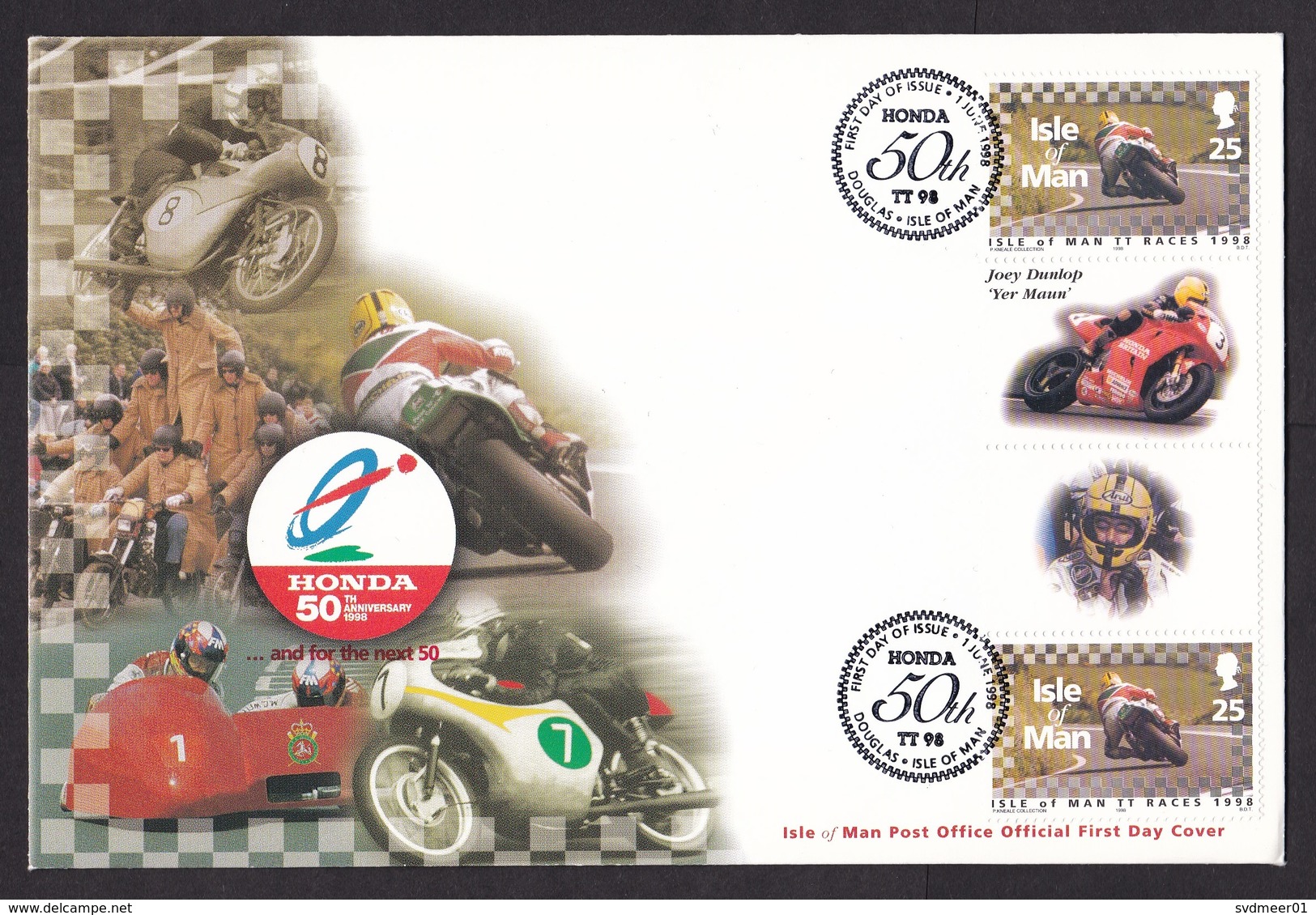 Isle Of Man: FDC First Day Cover, 1998, 2 Stamps + Tab, TT Motor Race, Honda Motorcycle, Joey Dunlop (traces Of Use) - Man (Eiland)