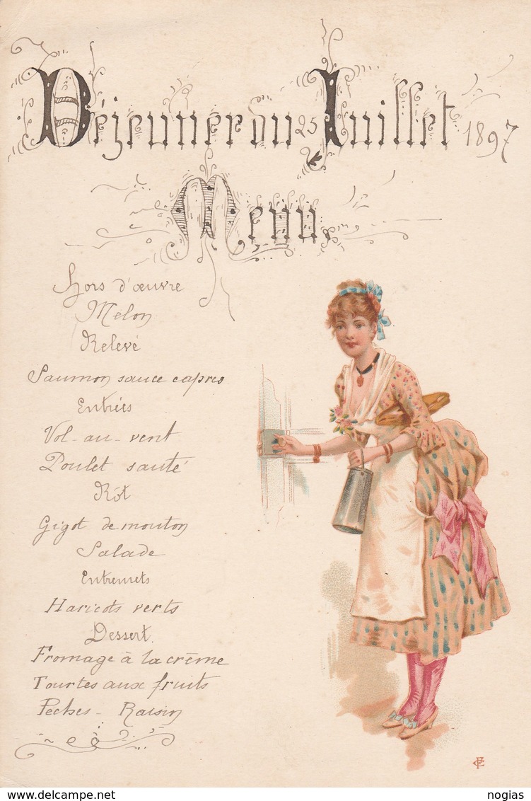 BELLE PRESENTATION D'UN MENU - DEJEUNER DU 25 JUILLET 1897 - PERSONNAGE A DROITE, COLORISE - - Menus