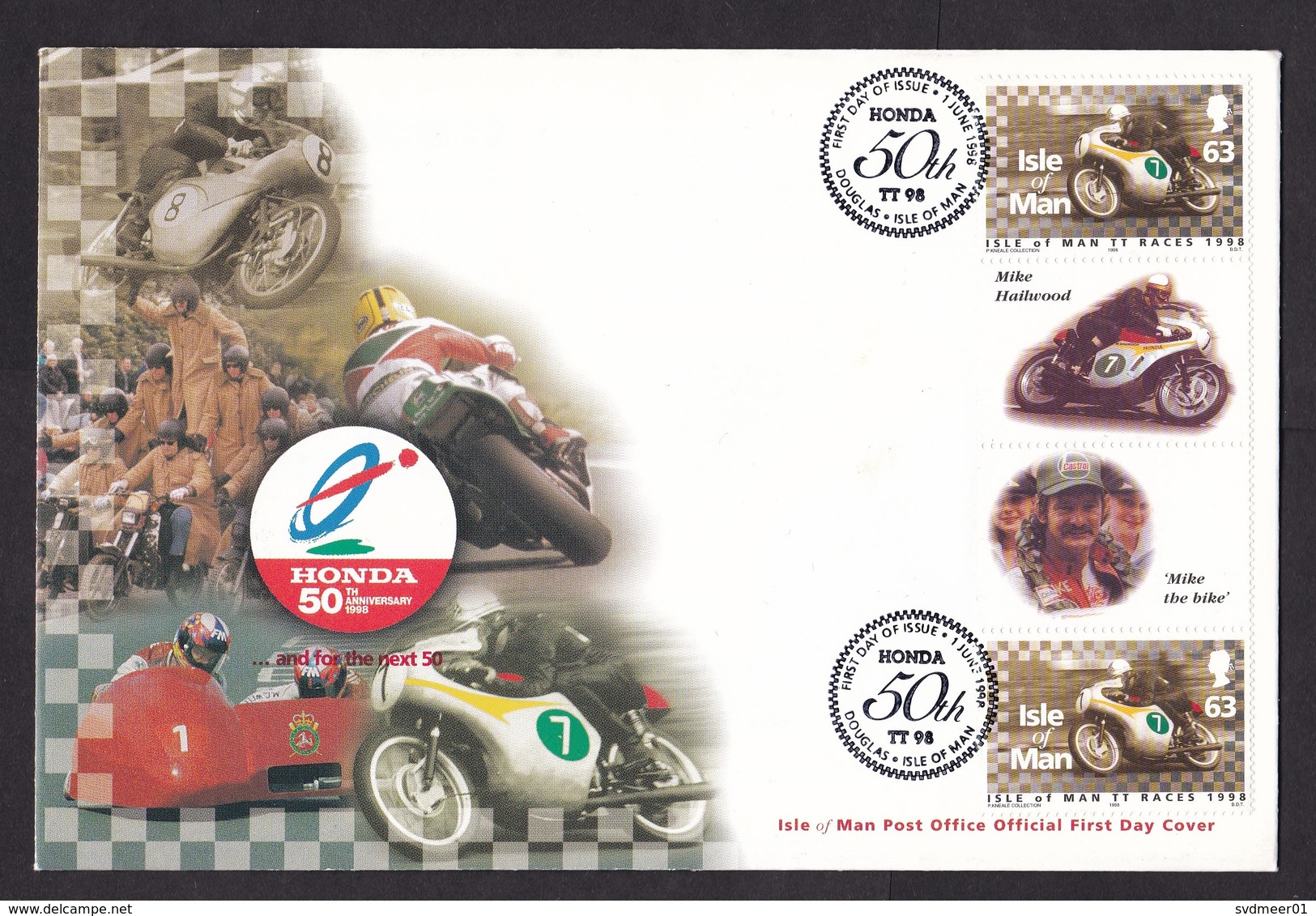 Isle Of Man: FDC First Day Cover, 1998, 2 Stamps + Tab, TT Motor Race, Honda Motorcycle, Mike Hailwood (small Stain) - Man (Eiland)